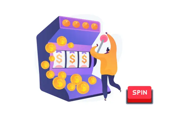 Image of a drawn character spinning the slot reels on a slot machine.