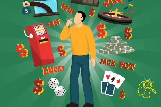 Image of a drawn character thinking with a slot machine, roulette table, as well as various other casino elements in the background.